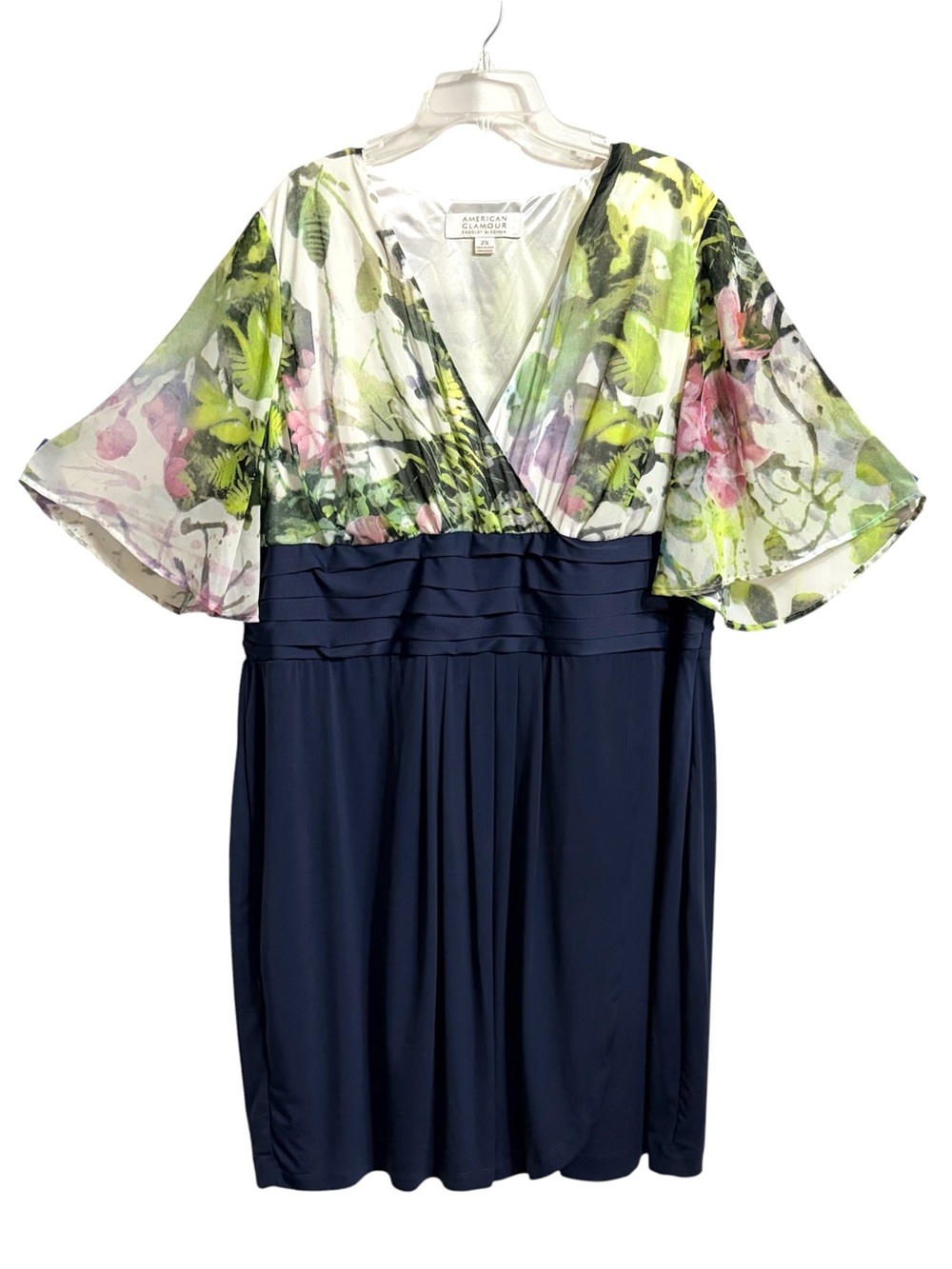 American Glamour Badgley Mischka Faux Wrap Dress Womens 2X Flutter Sleeve Floral